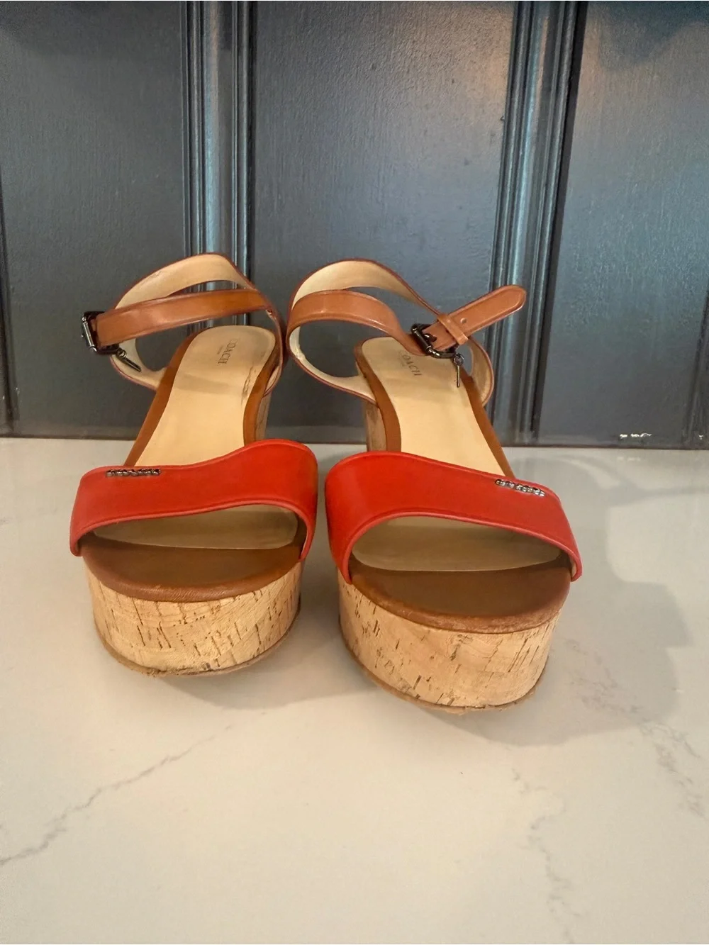 Coach Fran Cork Platform Wedge Sandals Carmine / Saddle Size 11